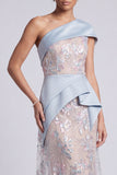 Light Blue Floral Sheath One Shoulder Sequins Ruffled Maxi Mother of the Bride Dress