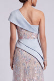 Light Blue Floral Sheath One Shoulder Sequins Ruffled Maxi Mother of the Bride Dress