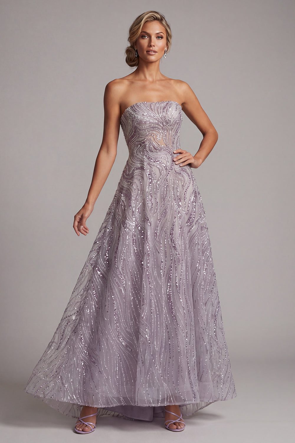 Sparkly Lilac A-Line Strapless Beaded Long Mother of the Bride Dress