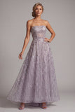 Sparkly Lilac A-Line Strapless Beaded Long Mother of the Bride Dress
