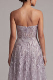 Sparkly Lilac A-Line Strapless Beaded Long Mother of the Bride Dress