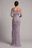 Sparkly Beaded Lilac Off the Shoulder Long Mother of the Bride Dress with Slit