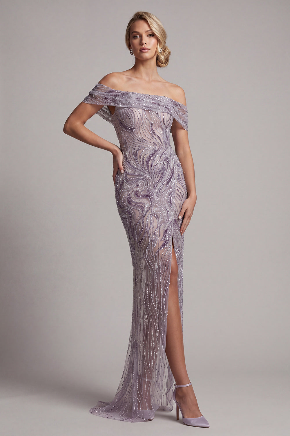 Sparkly Beaded Lilac Off the Shoulder Long Mother of the Bride Dress with Slit