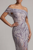 Sparkly Beaded Lilac Off the Shoulder Long Mother of the Bride Dress with Slit