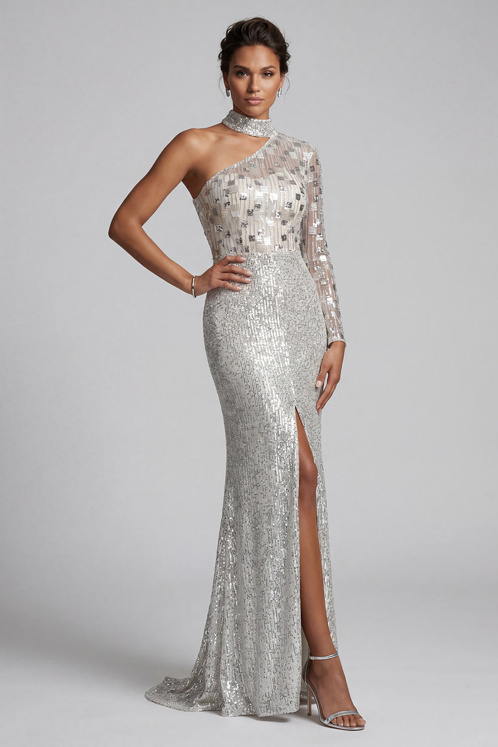 Sparkly Grey Sequins Mermaid One Shoulder Long Sleeves Mother of the Bride Dress with Slit