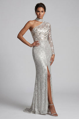 Sparkly Grey Sequins Mermaid One Shoulder Long Sleeves Mother of the Bride Dress with Slit