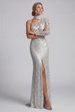Sparkly Grey Sequins Mermaid One Shoulder Long Sleeves Mother of the Bride Dress with Slit