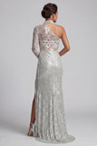 Sparkly Grey Sequins Mermaid One Shoulder Long Sleeves Mother of the Bride Dress with Slit