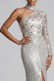 Sparkly Grey Sequins Mermaid One Shoulder Long Sleeves Mother of the Bride Dress with Slit