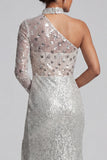 Sparkly Grey Sequins Mermaid One Shoulder Long Sleeves Mother of the Bride Dress with Slit