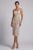 Floral Champagne Sparkly Beaded Bodycon Ruched Midi Mother of the Bride Dress