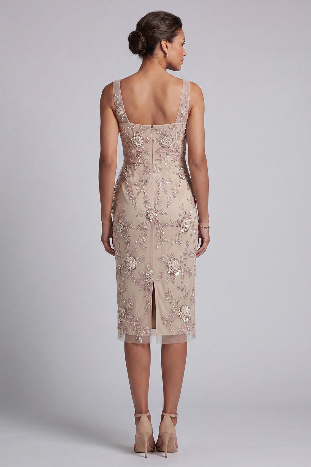 Floral Champagne Sparkly Beaded Bodycon Ruched Midi Mother of the Bride Dress