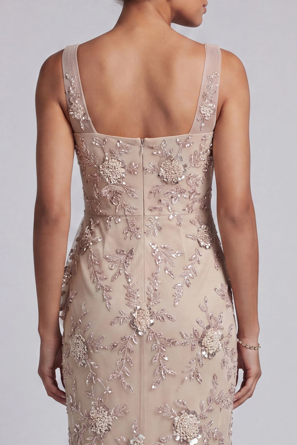 Floral Champagne Sparkly Beaded Bodycon Ruched Midi Mother of the Bride Dress