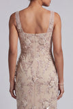 Floral Champagne Sparkly Beaded Bodycon Ruched Midi Mother of the Bride Dress