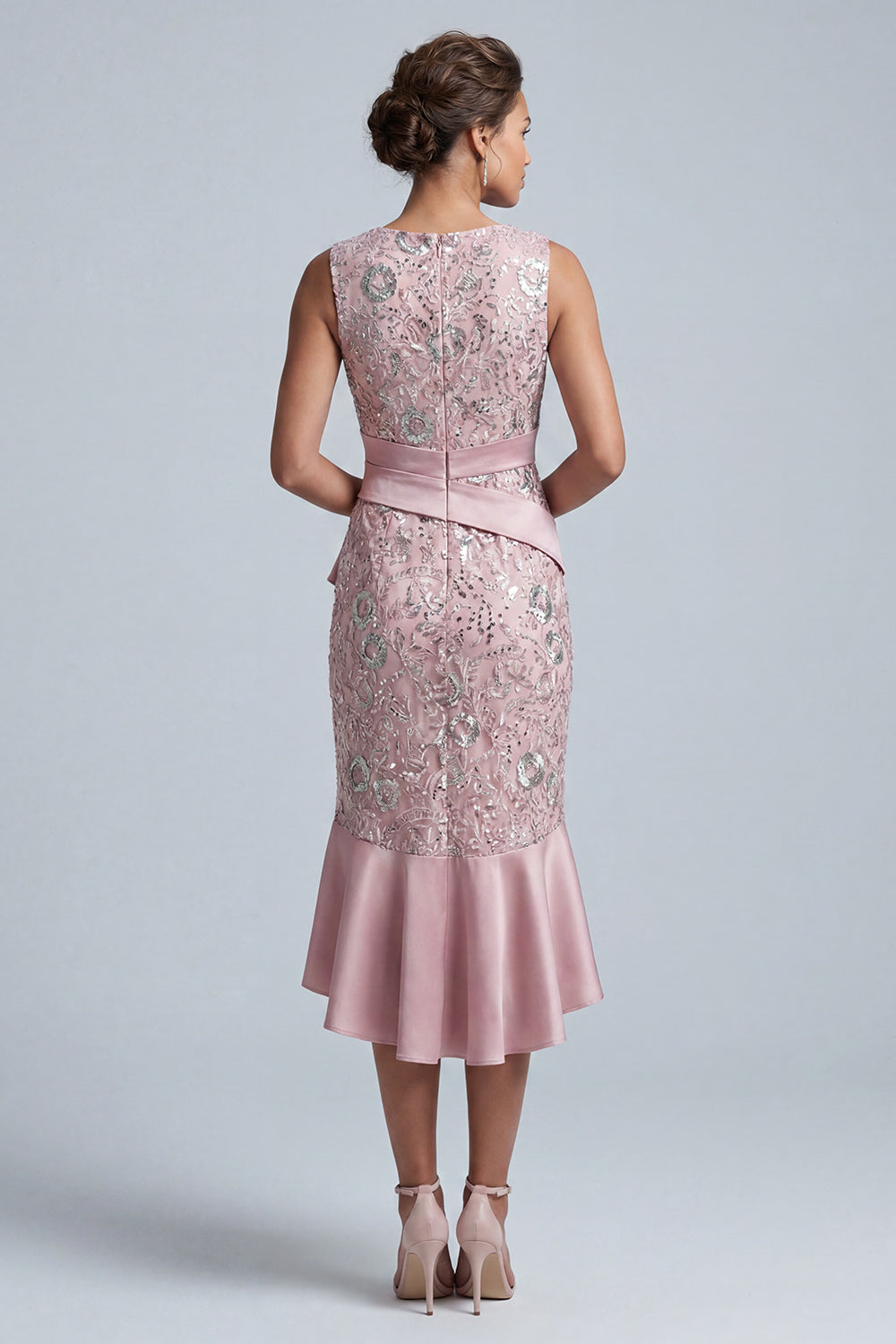 Light Pink Floral Sequin Ruffled Bodycon Round Neck Midi Mother of the Bride Dress