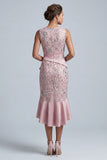Light Pink Floral Sequin Ruffled Bodycon Round Neck Midi Mother of the Bride Dress
