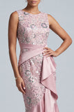 Light Pink Floral Sequin Ruffled Bodycon Round Neck Midi Mother of the Bride Dress