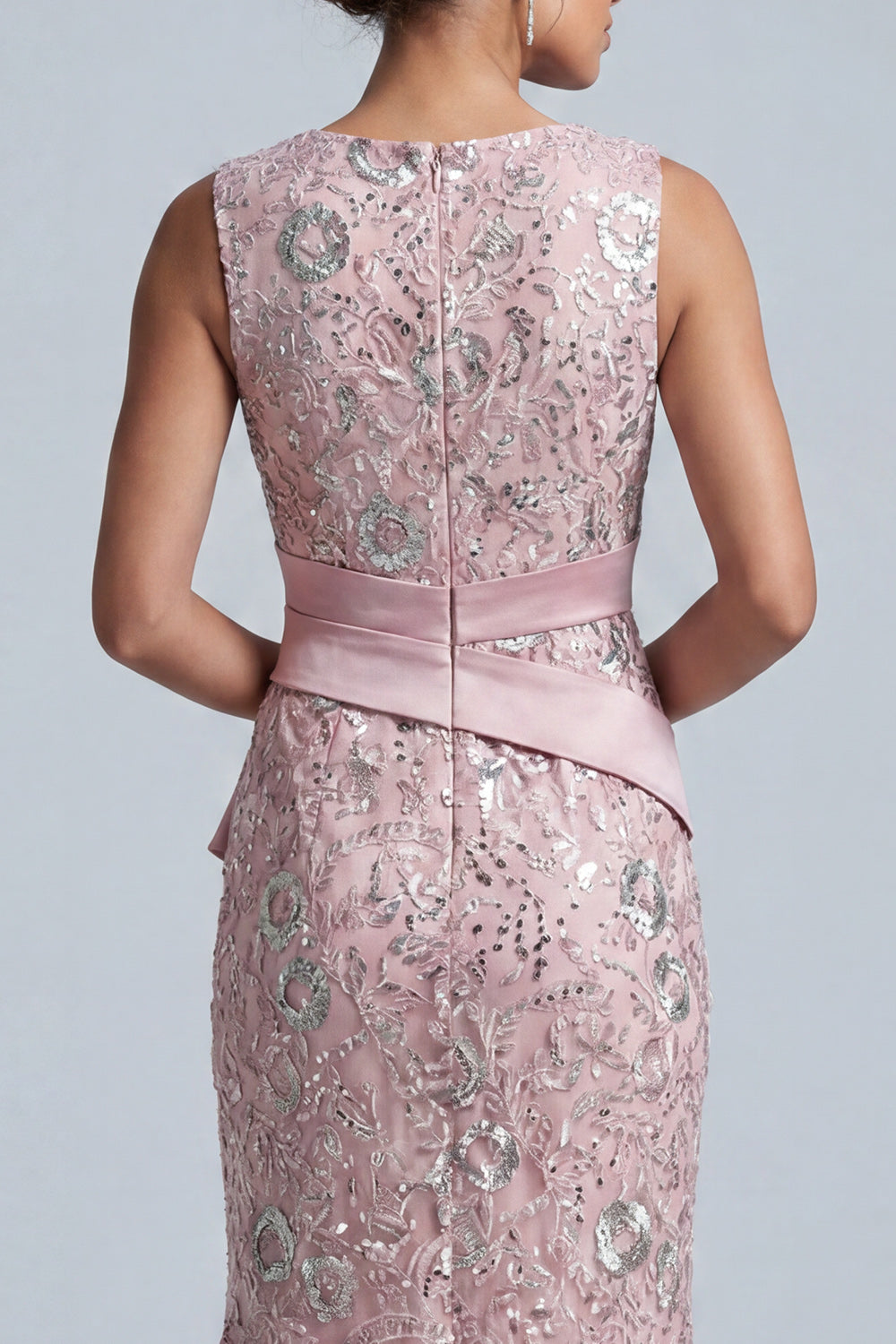 Light Pink Floral Sequin Ruffled Bodycon Round Neck Midi Mother of the Bride Dress