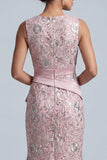 Light Pink Floral Sequin Ruffled Bodycon Round Neck Midi Mother of the Bride Dress