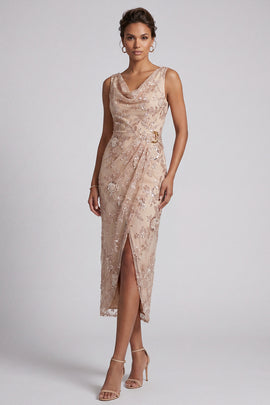 Champagne Floral Beaded Cowl Neck Ruched Midi Mother of the Bride Dress with Slit