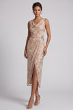 Champagne Floral Beaded Cowl Neck Ruched Midi Mother of the Bride Dress with Slit