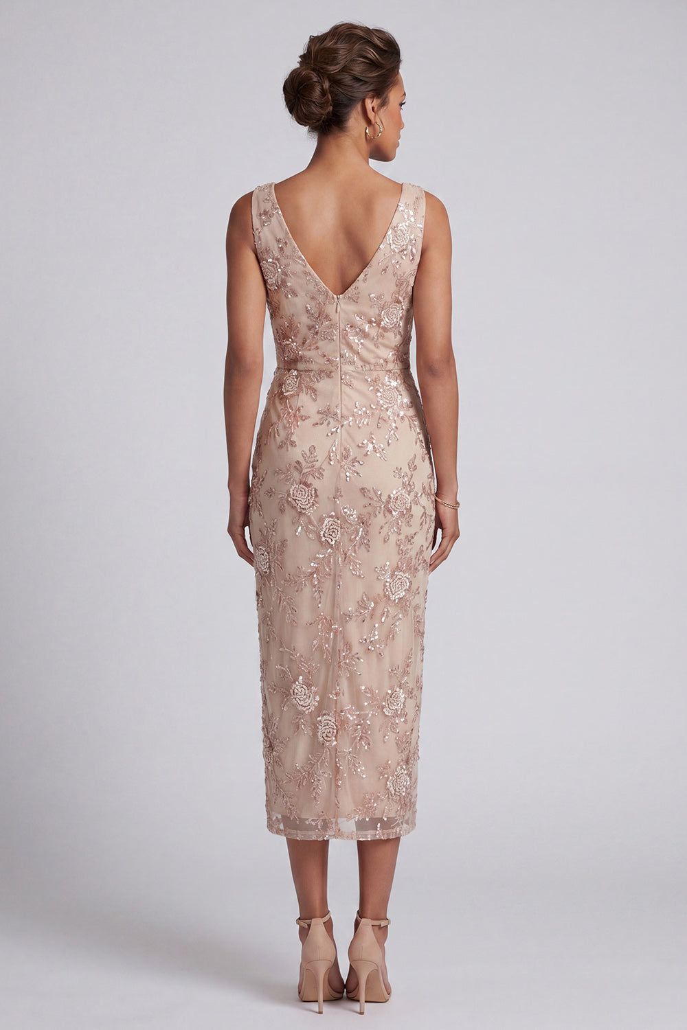 Champagne Floral Beaded Cowl Neck Ruched Midi Mother of the Bride Dress with Slit