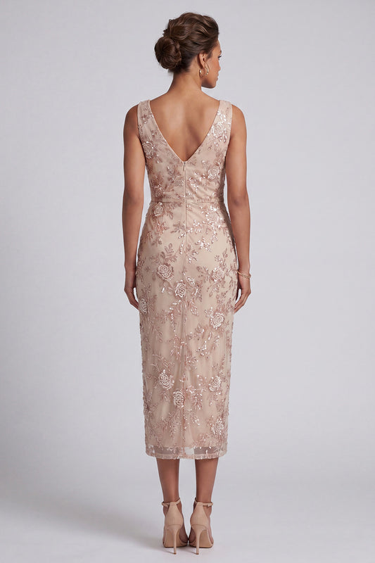 Champagne Floral Beaded Cowl Neck Ruched Midi Mother of the Bride Dress with Slit