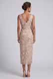 Champagne Floral Beaded Cowl Neck Ruched Midi Mother of the Bride Dress with Slit