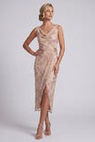 Champagne Floral Beaded Cowl Neck Ruched Midi Mother of the Bride Dress with Slit