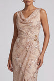 Champagne Floral Beaded Cowl Neck Ruched Midi Mother of the Bride Dress with Slit