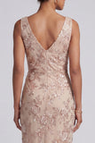 Champagne Floral Beaded Cowl Neck Ruched Midi Mother of the Bride Dress with Slit