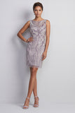 Sparkly Lilac Bodycon Illusion Boat Neck Short Beaded Mother of the Bride Dress