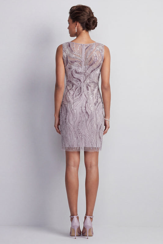 Sparkly Lilac Bodycon Illusion Boat Neck Short Beaded Mother of the Bride Dress