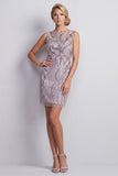 Sparkly Lilac Bodycon Illusion Boat Neck Short Beaded Mother of the Bride Dress