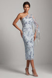 Sparkly Light Blue Floral Sequin One Shoulder Midi Mother of the Bride Dress with Fringes