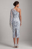 Sparkly Light Blue Floral Sequin One Shoulder Midi Mother of the Bride Dress with Fringes