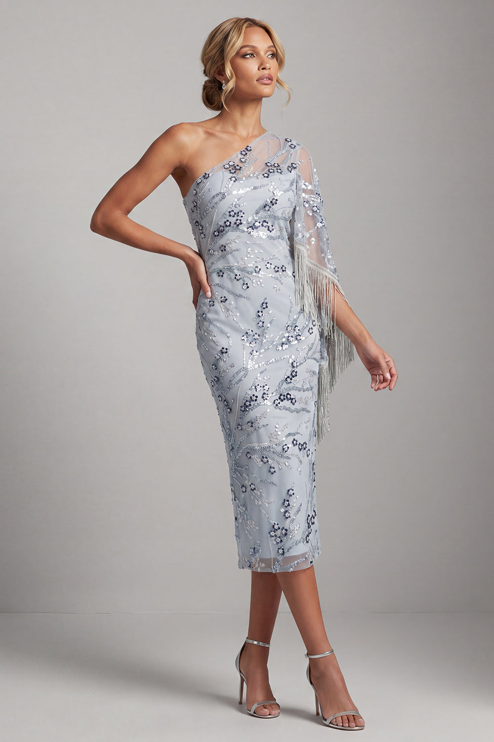 Sparkly Light Blue Floral Sequin One Shoulder Midi Mother of the Bride Dress with Fringes