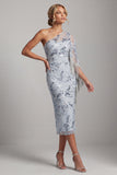 Sparkly Light Blue Floral Sequin One Shoulder Midi Mother of the Bride Dress with Fringes