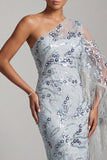Sparkly Light Blue Floral Sequin One Shoulder Midi Mother of the Bride Dress with Fringes
