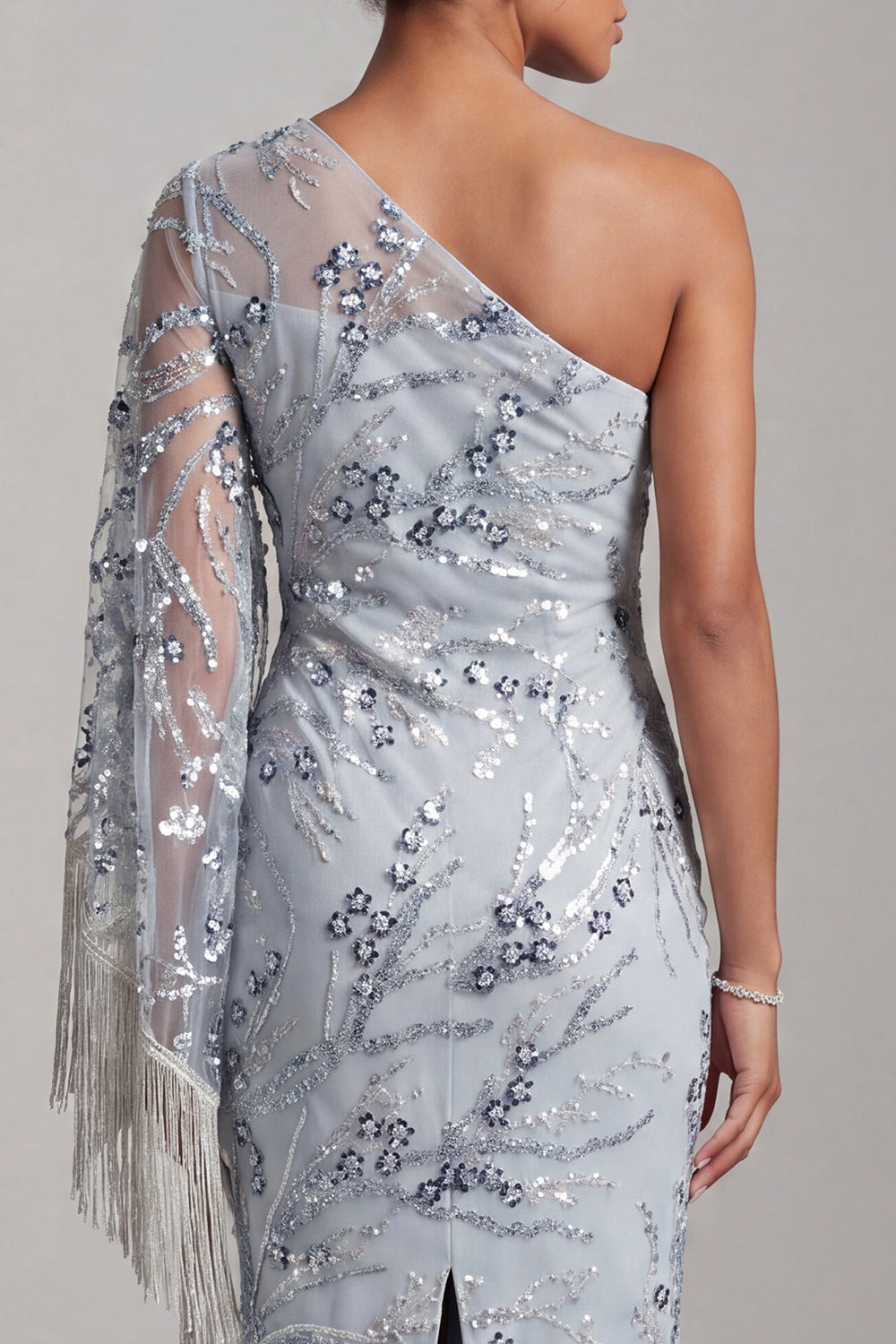 Sparkly Light Blue Floral Sequin One Shoulder Midi Mother of the Bride Dress with Fringes