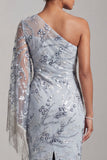 Sparkly Light Blue Floral Sequin One Shoulder Midi Mother of the Bride Dress with Fringes