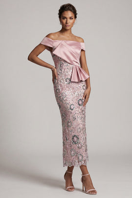 Floral Light Pink Sheath Satin Ruffled Maxi Sequin Mother of the Bride Dress