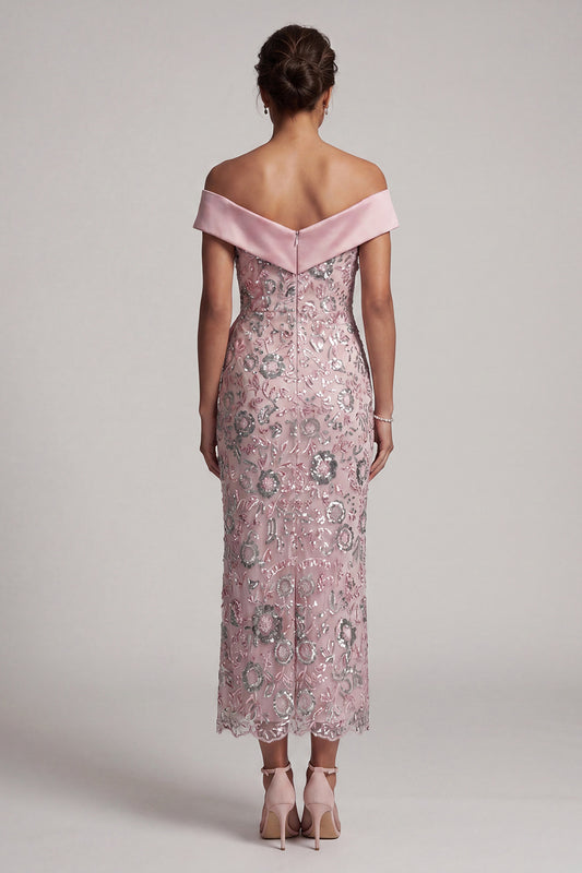 Floral Light Pink Sheath Satin Ruffled Maxi Sequin Mother of the Bride Dress