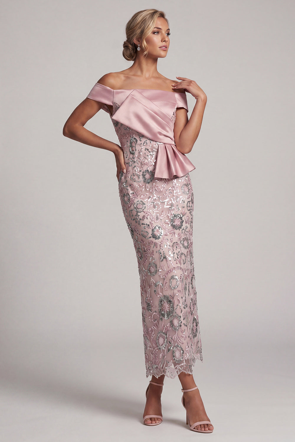 Floral Light Pink Sheath Satin Ruffled Maxi Sequin Mother of the Bride Dress