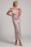 Floral Light Pink Sheath Satin Ruffled Maxi Sequin Mother of the Bride Dress