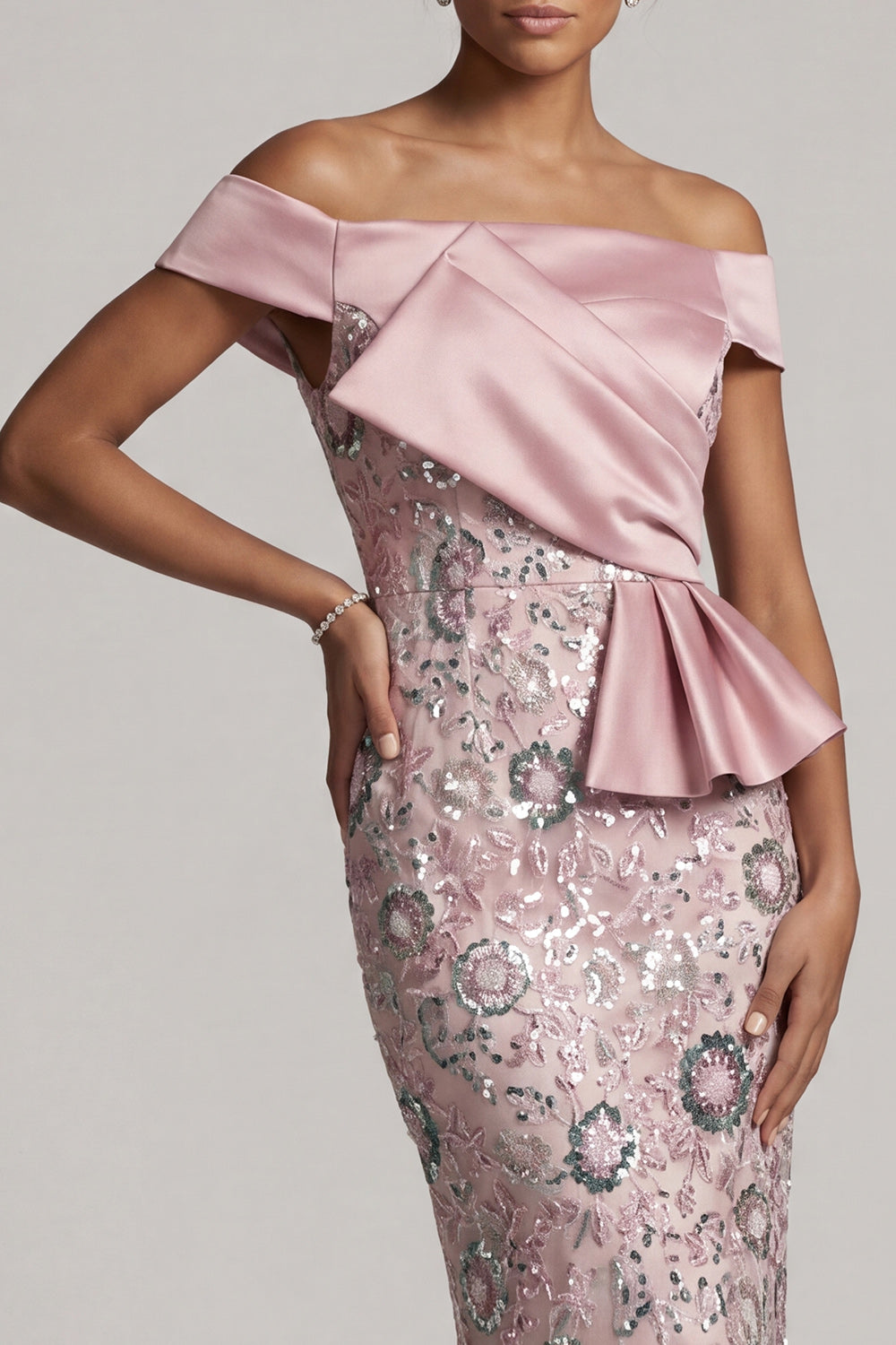 Floral Light Pink Sheath Satin Ruffled Maxi Sequin Mother of the Bride Dress
