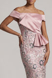 Floral Light Pink Sheath Satin Ruffled Maxi Sequin Mother of the Bride Dress