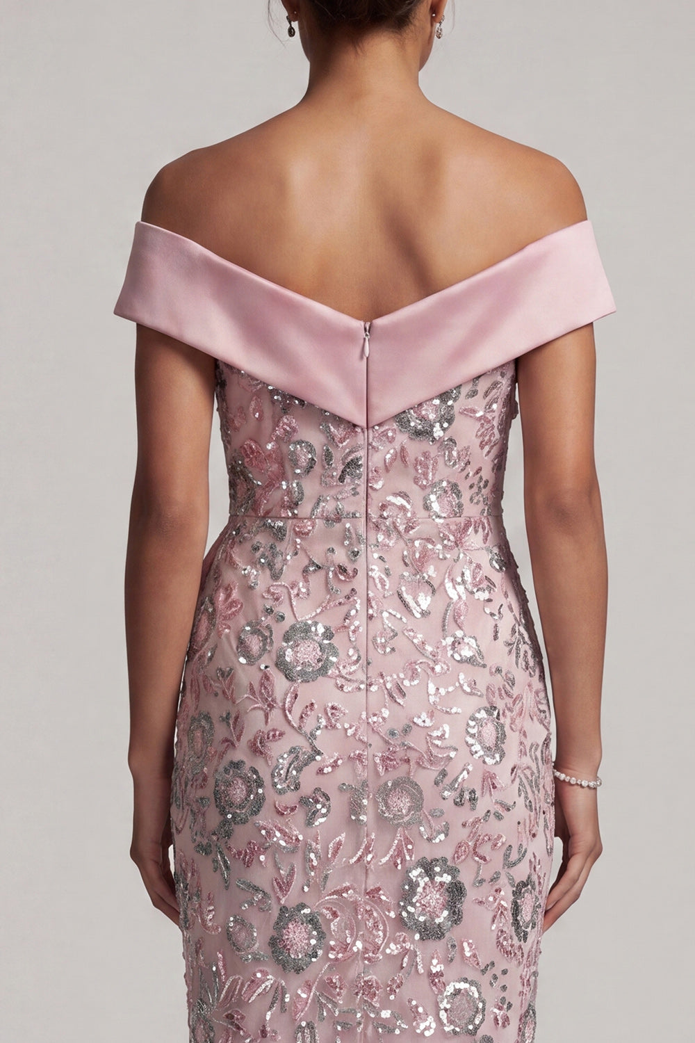 Floral Light Pink Sheath Satin Ruffled Maxi Sequin Mother of the Bride Dress