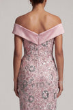Floral Light Pink Sheath Satin Ruffled Maxi Sequin Mother of the Bride Dress