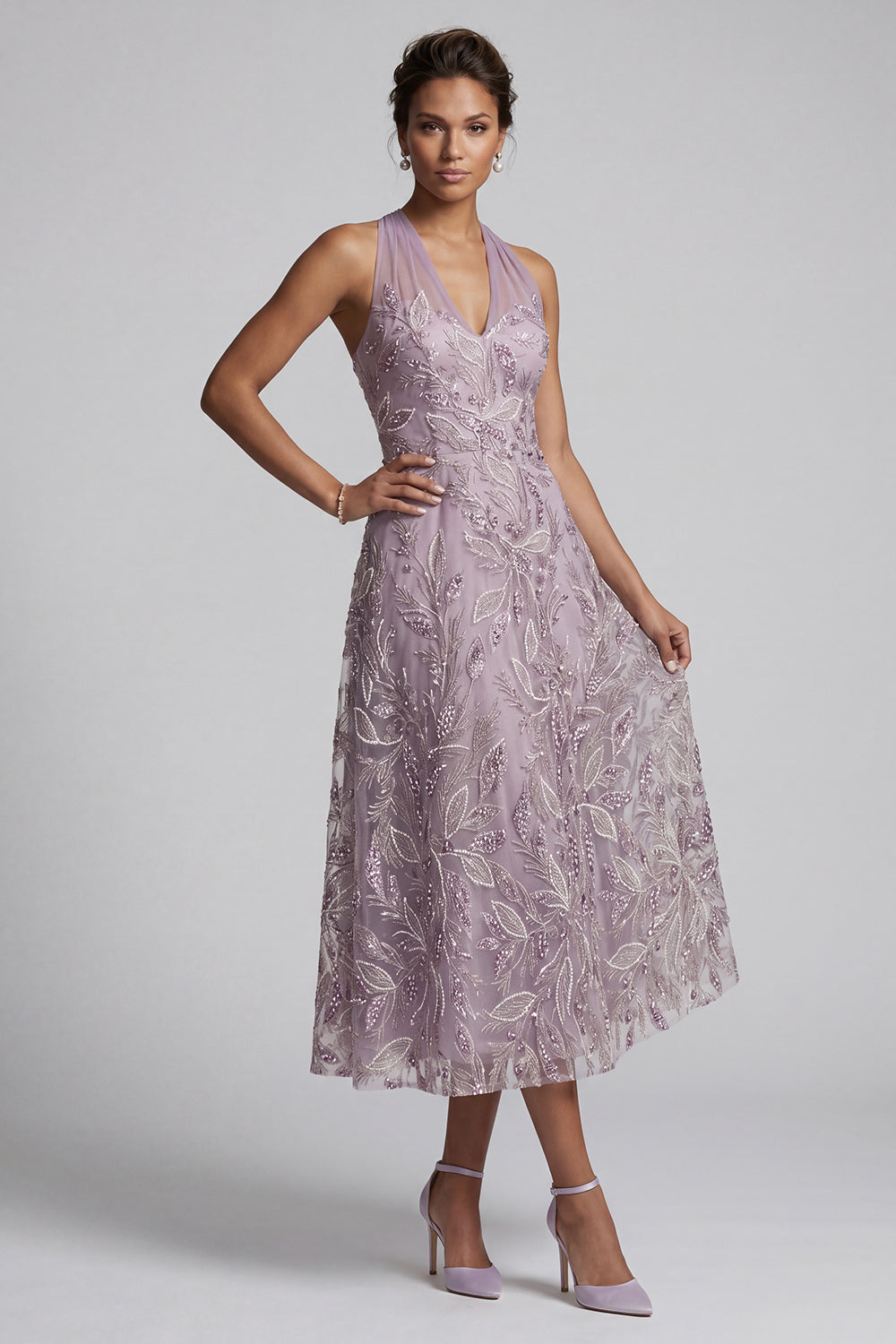 Sparkly Lilac A-Line Halter Floral Beaded Midi Mother of the Bride Dress